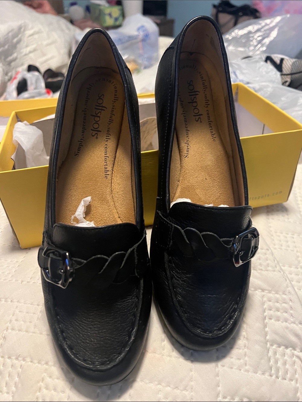 Softspots Black Leather Buckle Loafers for Women
